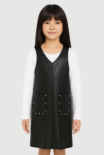 Little Girls Faux Leather Studded Dress with Long Sleeve Tee, Black, Size 4