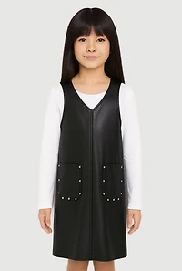 Little Girls Faux Leather Studded Dress with Long Sleeve Tee, Black, Size 4