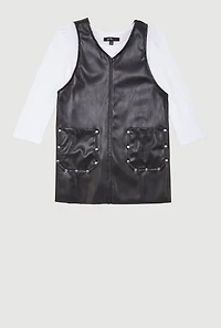 Little Girls Faux Leather Studded Dress with Long Sleeve Tee, Black, Size 5-6