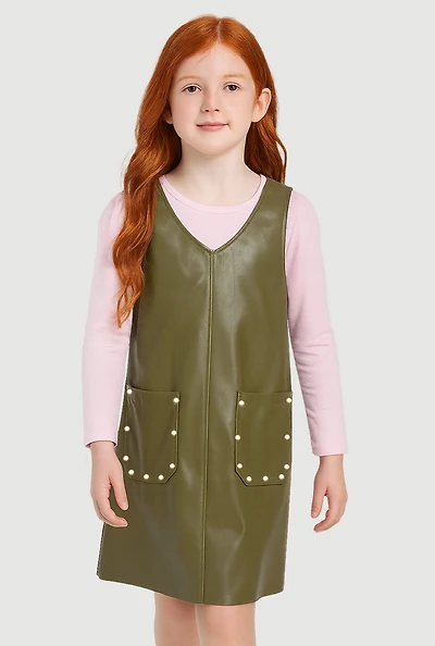 Little Girls Faux Leather Studded Dress with Long Sleeve Tee, Green,