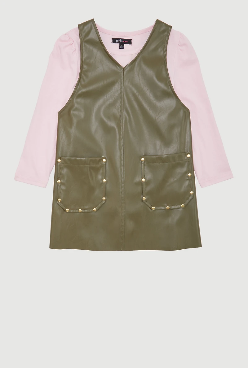 Little Girls Faux Leather Studded Dress with Long Sleeve Tee, Green,