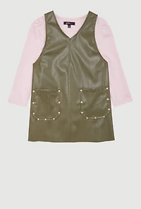 Little Girls Faux Leather Studded Dress with Long Sleeve Tee, Green,