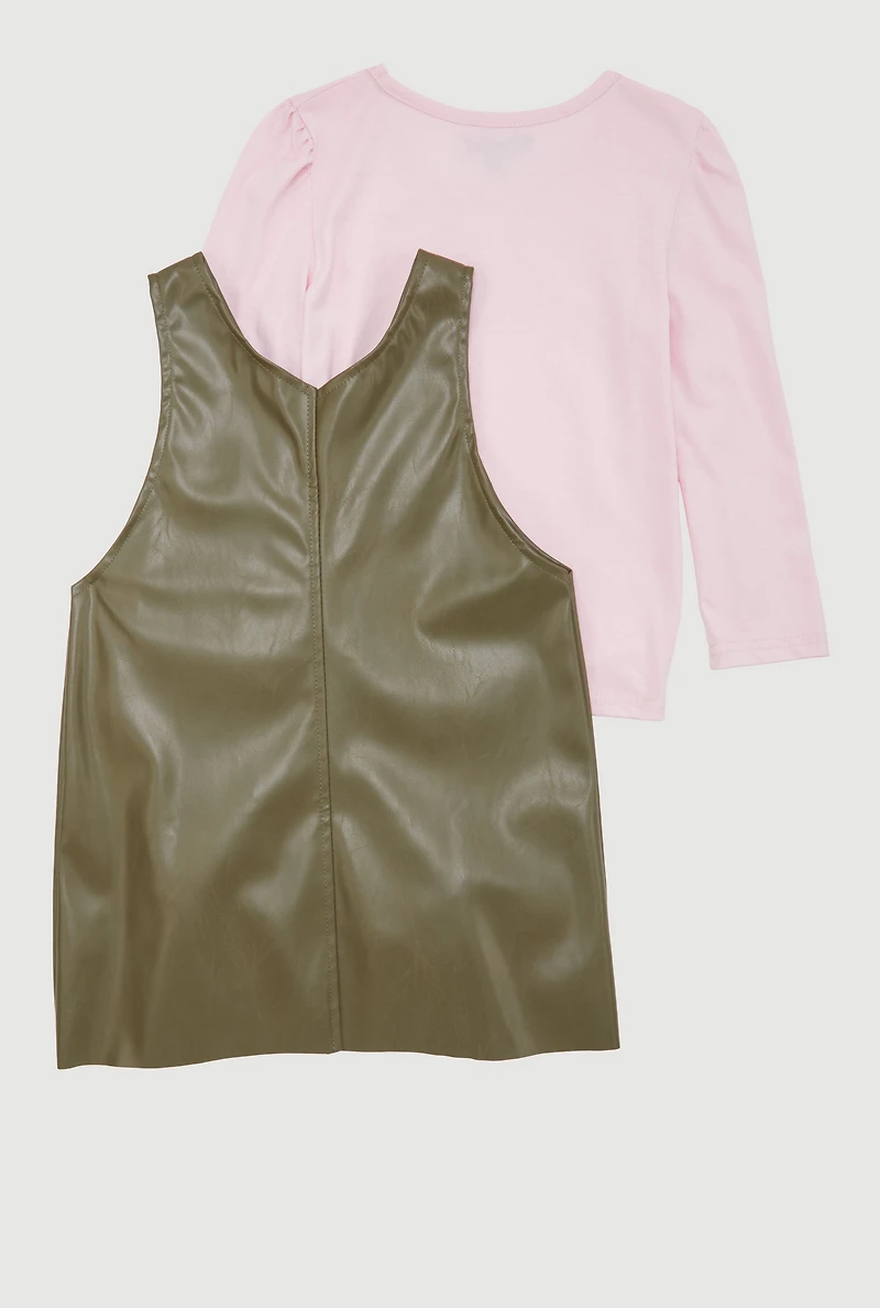 Little Girls Faux Leather Studded Dress with Long Sleeve Tee, Green,