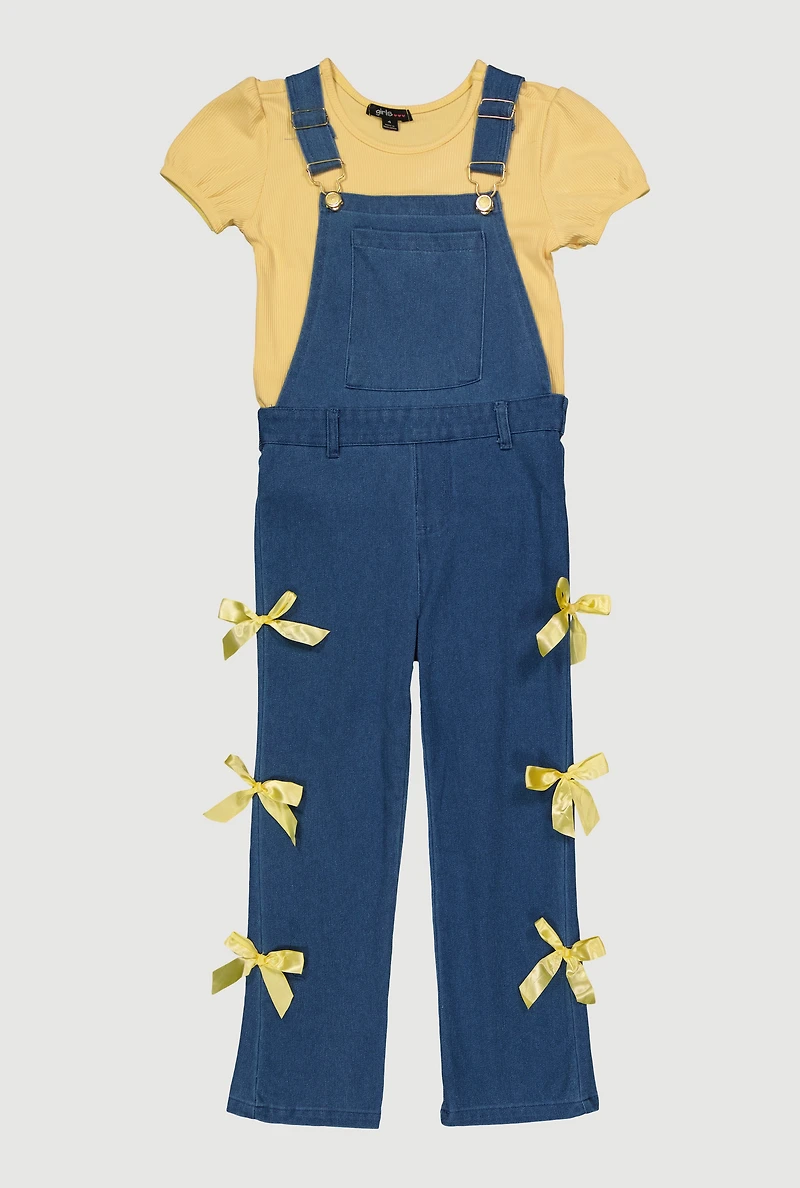 Little Girls Bow Side Overalls with Short Sleeve Tee