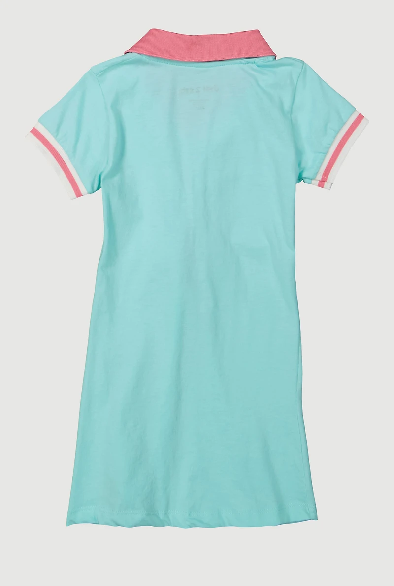 Little Girls Whatever I Do Graphic Polo Dress, Blue, Size 4