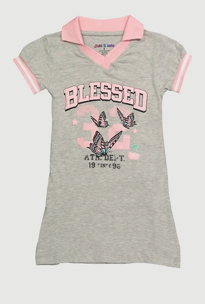 Girls Varsity Stripe Glitter Blessed Graphic Polo Dress, Grey, Size 4