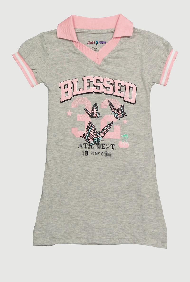 Little Girls Varsity Stripe Glitter Blessed Graphic Polo Dress, Grey, Size 4