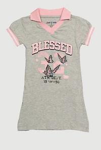 Little Girls Varsity Stripe Glitter Blessed Graphic Polo Dress, Grey, Size 4