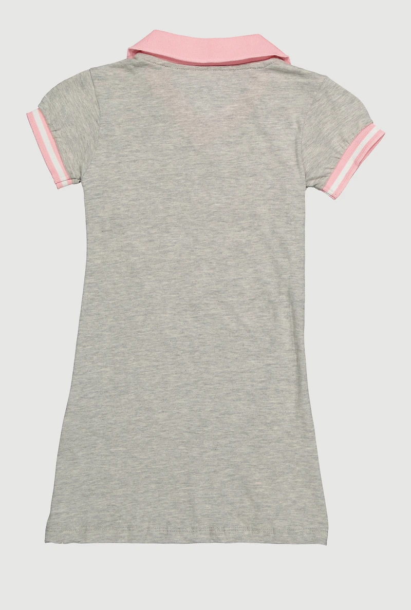 Little Girls Varsity Stripe Glitter Blessed Graphic Polo Dress, Grey, Size 4