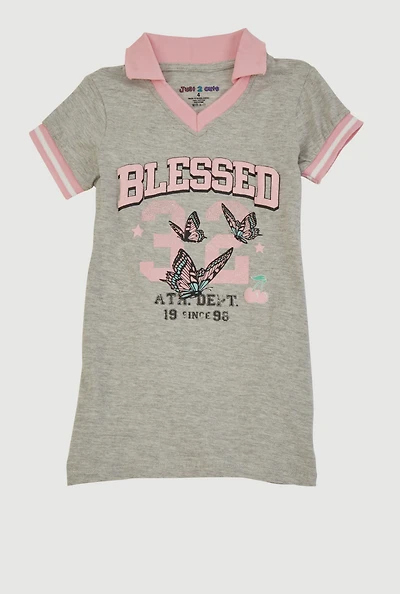 Little Girls Blessed Butterfly Graphic Polo Dress, Grey, Size 5-6