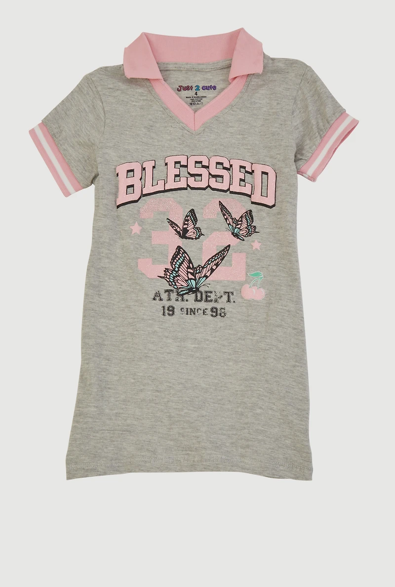 Little Girls Blessed Butterfly Graphic Polo Dress, Grey, Size 6X