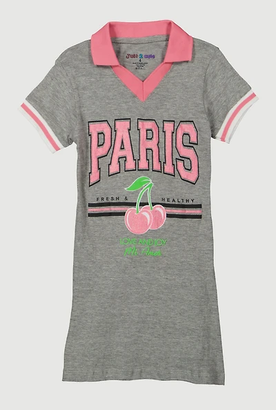 Little Girls Paris Cherry Graphic Polo Dress, Grey, Size 6X