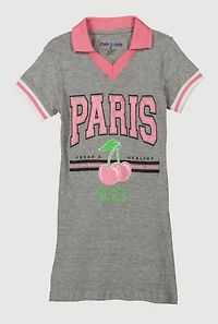 Little Girls Paris Cherry Graphic Polo Dress, Grey, Size 6X