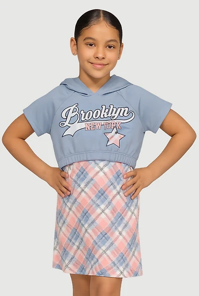 Girls Brooklyn New York Plaid Graphic Hoodie Dress Set, Multi, Size 7-8