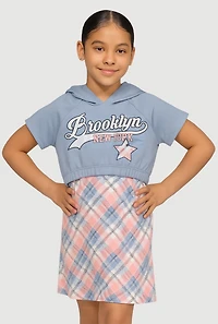 Girls Brooklyn New York Plaid Graphic Hoodie Dress Set, Multi, Size 7-8