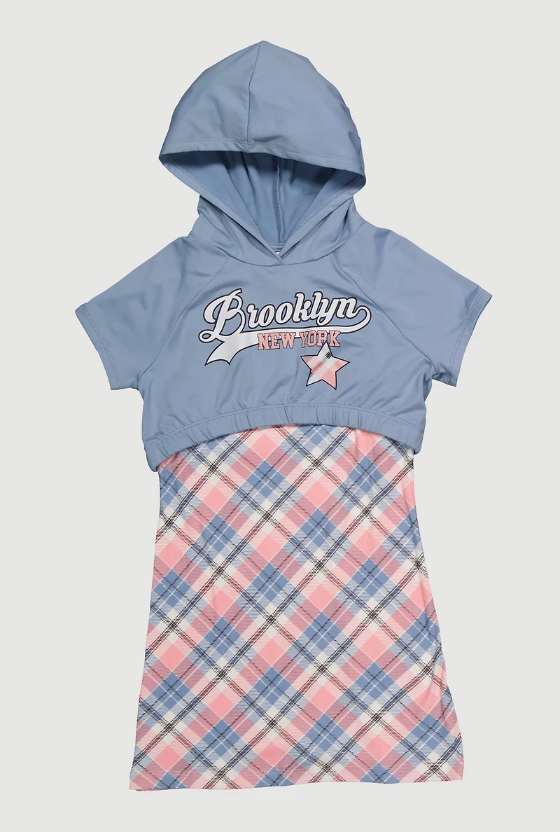 Girls Brooklyn New York Plaid Graphic Hoodie Dress Set, Multi, Size 7-8