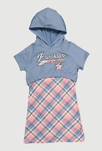 Girls Brooklyn New York Plaid Graphic Hoodie Dress Set, Multi, Size 7-8