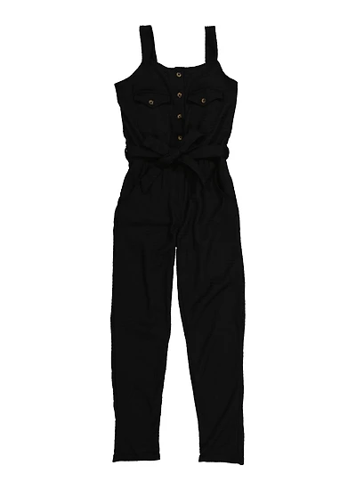 Girls Textured Knit Tie Waist Belted Jumpsuit