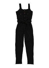 Girls Textured Knit Tie Waist Belted Jumpsuit