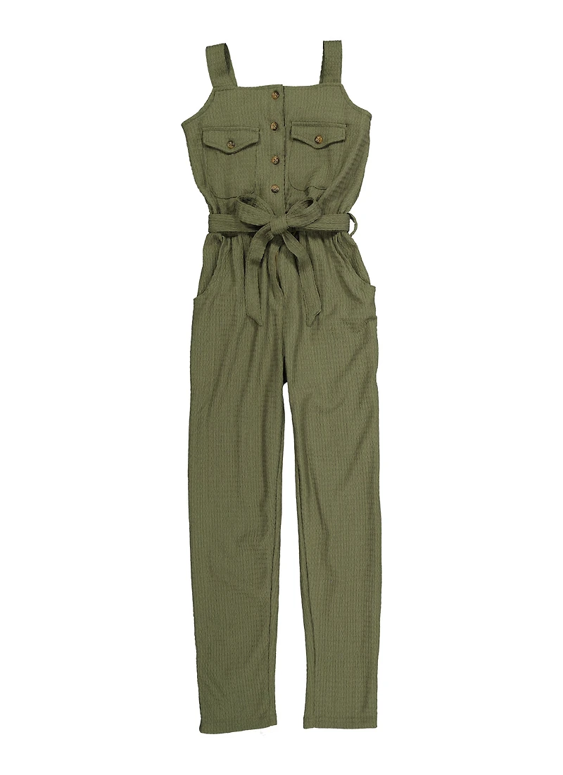 Girls Textured Knit Tie Waist Belted Jumpsuit