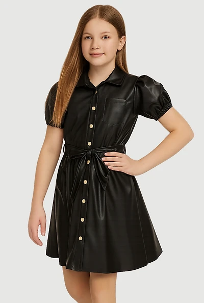 Girls Faux Leather Puff Sleeve Shirt Dress with Tie Waist Belt, Black,