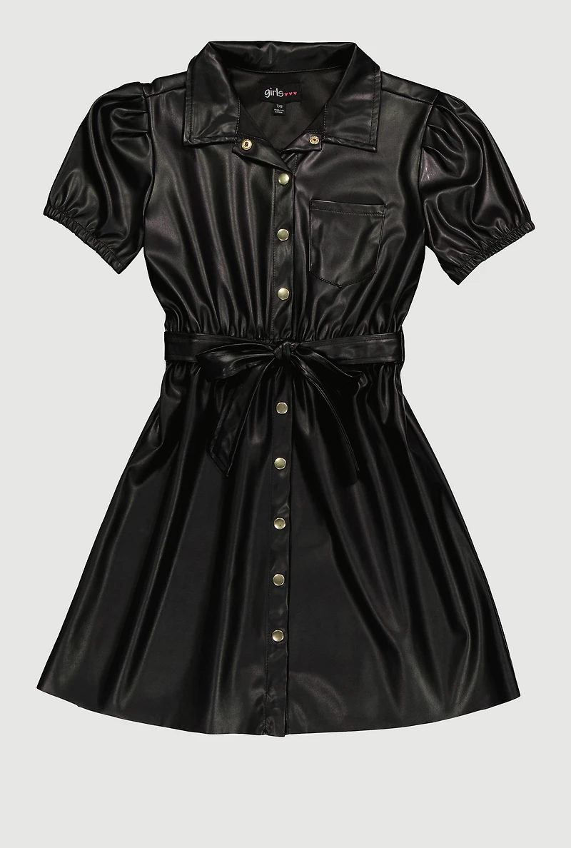 Girls Faux Leather Puff Sleeve Shirt Dress with Tie Waist Belt, Black,