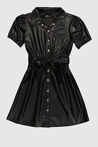 Girls Faux Leather Puff Sleeve Shirt Dress with Tie Waist Belt, Black,