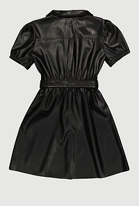 Girls Faux Leather Puff Sleeve Shirt Dress with Tie Waist Belt, Black,