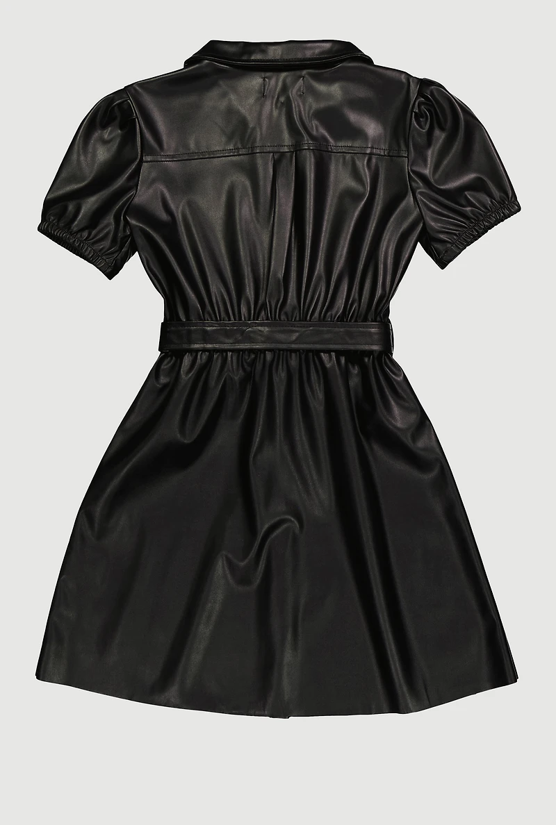 Girls Faux Leather Puff Sleeve Shirt Dress with Tie Waist Belt, Black, Size 7-8