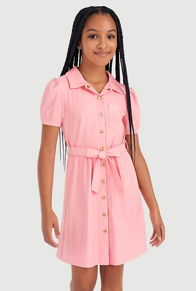 Girls Faux Leather Puff Sleeve Shirt Dress with Tie Waist Belt, Pink, Size 7-8