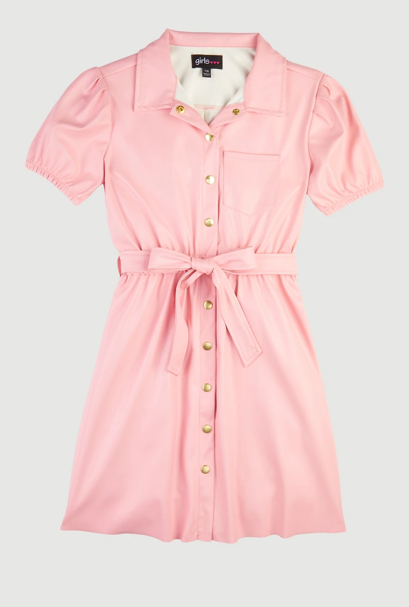 Girls Faux Leather Puff Sleeve Shirt Dress with Tie Waist Belt, Pink, Size 7-8
