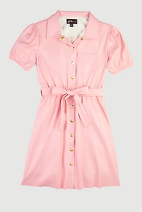 Girls Faux Leather Puff Sleeve Shirt Dress with Tie Waist Belt, Pink, Size 7-8
