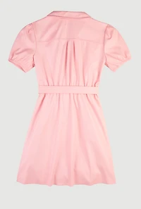 Girls Faux Leather Puff Sleeve Shirt Dress with Tie Waist Belt, Pink, Size 7-8