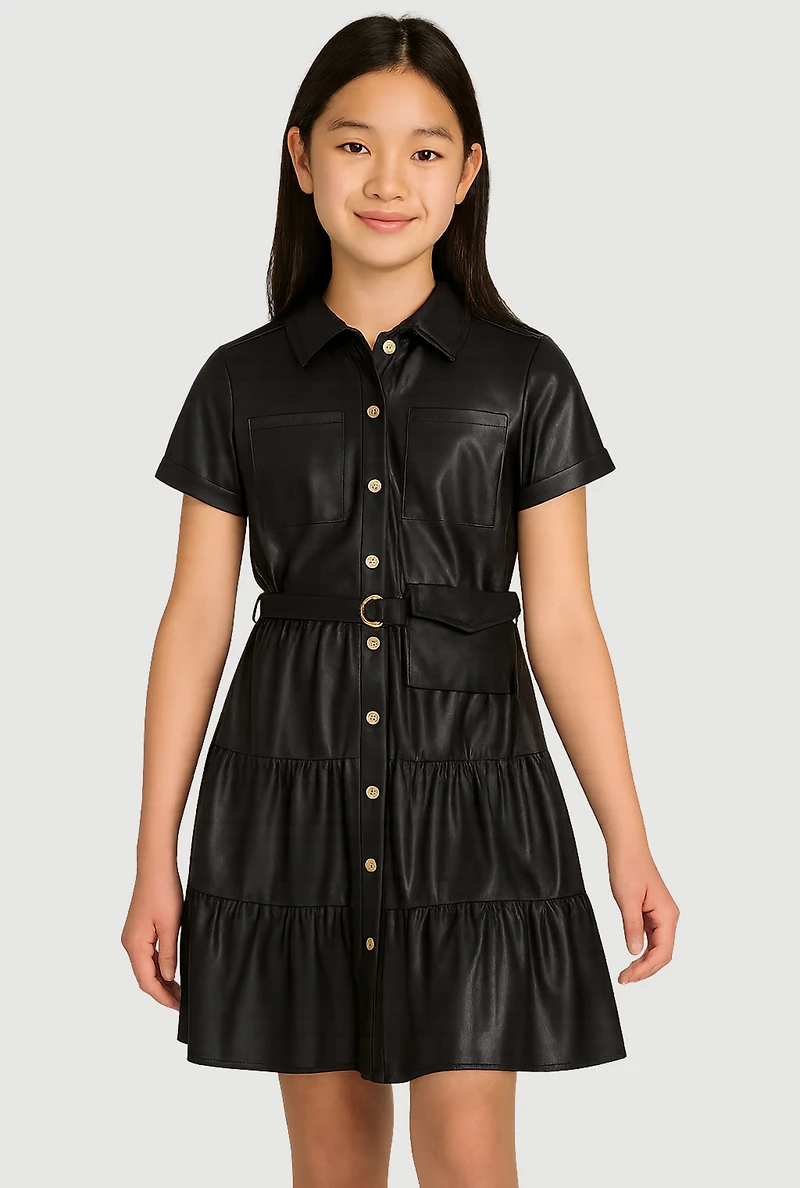 Girls Faux Leather Tiered Shirt Dress with Belt and Pouch, Black, Size 14-16