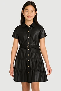 Girls Faux Leather Tiered Shirt Dress with Belt and Pouch, Black, Size 14-16