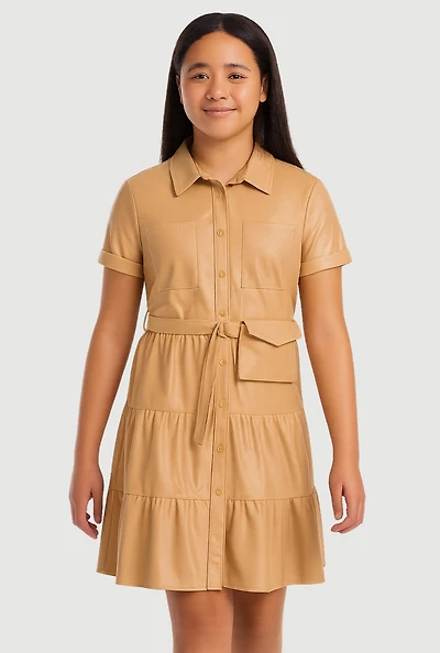 Girls Faux Leather Tiered Shirt Dress with Belt and Pouch, Beige, Size 10-12