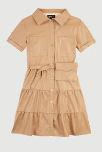 Girls Faux Leather Tiered Shirt Dress with Belt and Pouch, Beige, Size 10-12