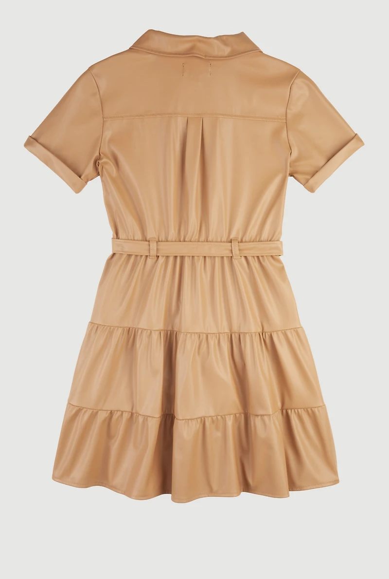 Girls Faux Leather Tiered Shirt Dress with Belt and Pouch, Beige, Size 10-12