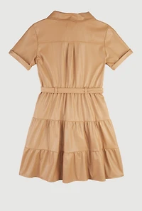 Girls Faux Leather Tiered Shirt Dress with Belt and Pouch, Beige, Size 10-12