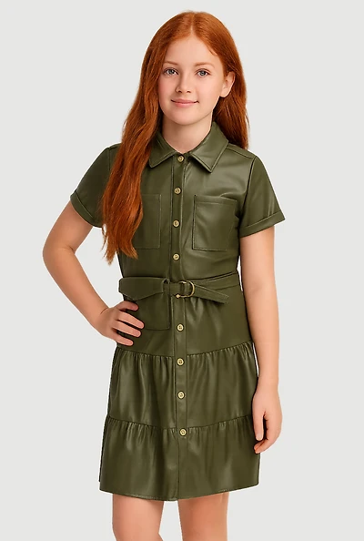 Girls Faux Leather Tiered Shirt Dress with Belt and Pouch, Green, Size 14-16