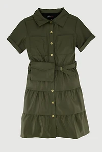 Girls Faux Leather Tiered Shirt Dress with Belt and Pouch