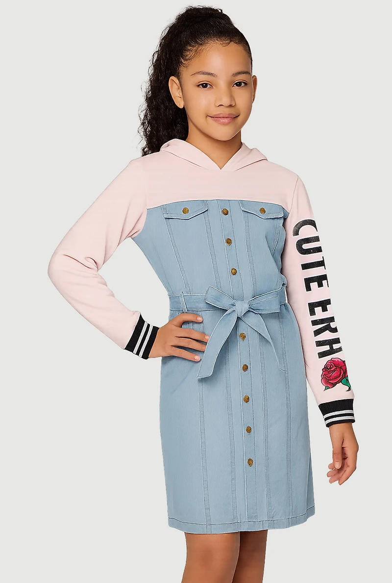 Girls Cute Era Denim Fleece Hoodie Dress