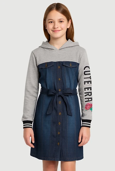Girls Cute Era Denim Fleece Hoodie Dress, Multi, Size 14-16