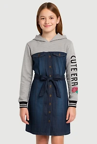 Girls Cute Era Denim Fleece Hoodie Dress, Multi, Size 14-16
