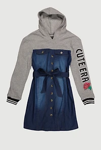 Girls Cute Era Denim Fleece Hoodie Dress, Multi, Size 14-16
