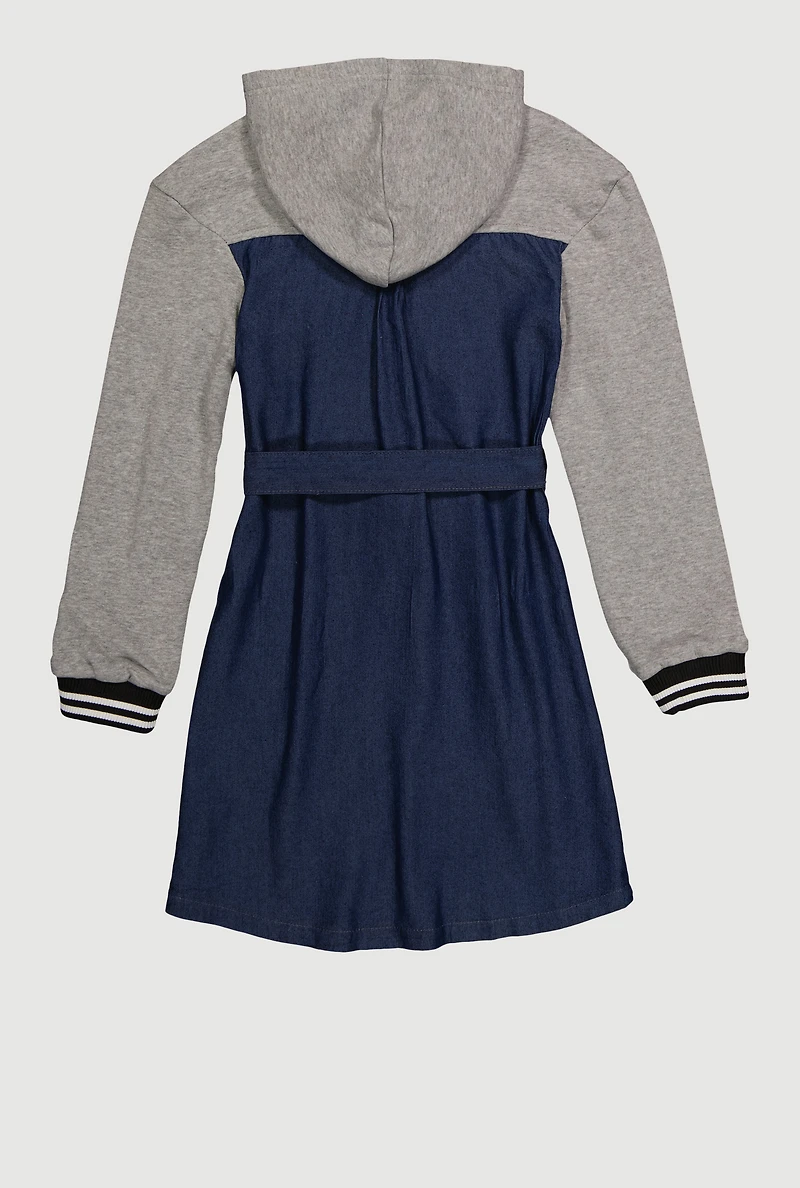 Girls Cute Era Denim Fleece Hoodie Dress, Multi, Size 14-16