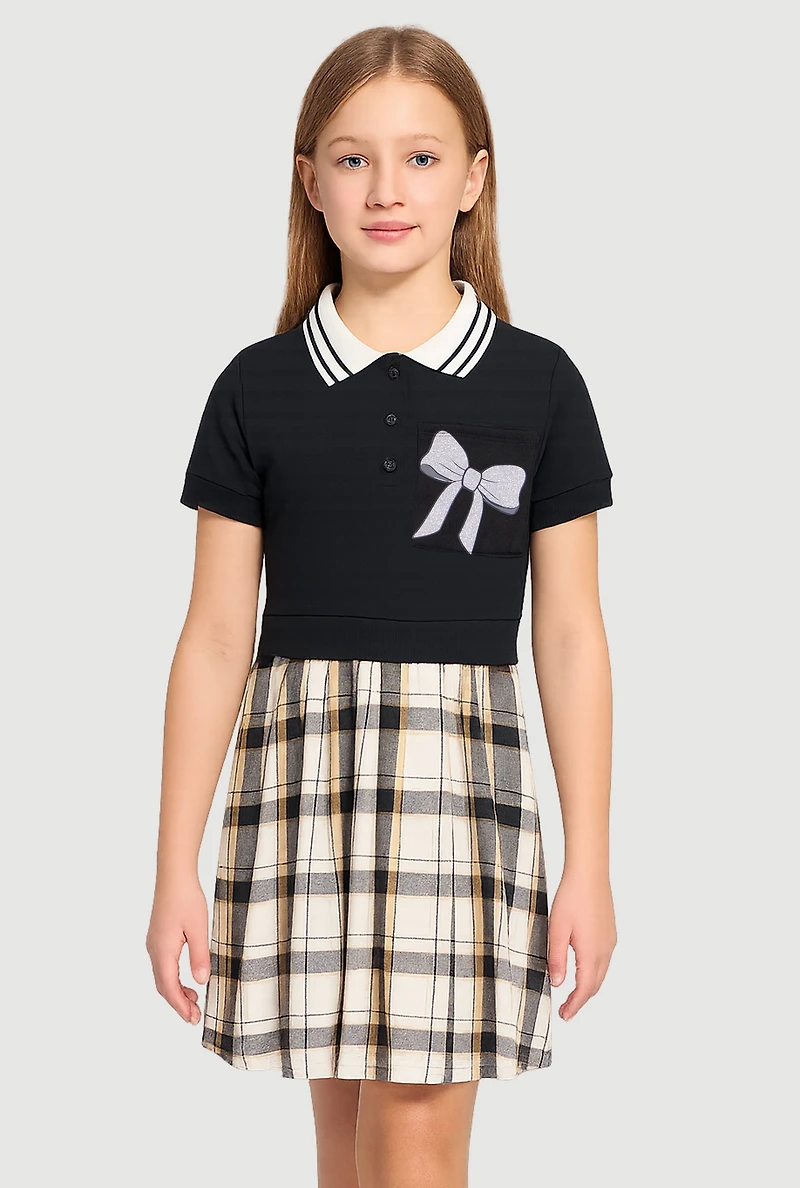 Girls Glitter Bow Graphic Layered Collared Skater Dress,