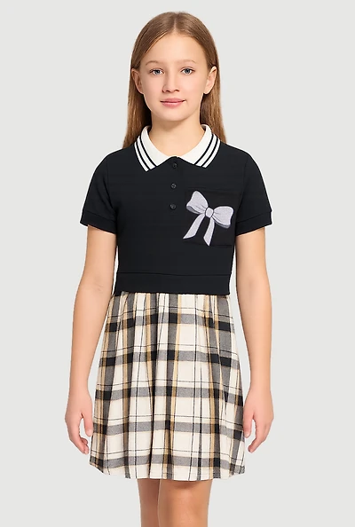 Girls Glitter Bow Graphic Layered Collared Skater Dress,