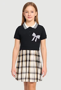 Girls Glitter Bow Graphic Layered Collared Skater Dress,