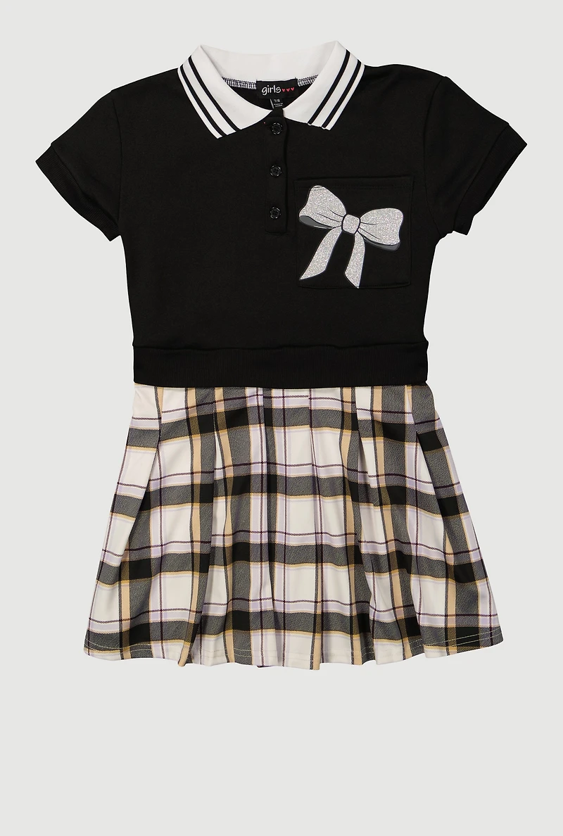 Girls Glitter Bow Graphic Layered Collared Skater Dress,